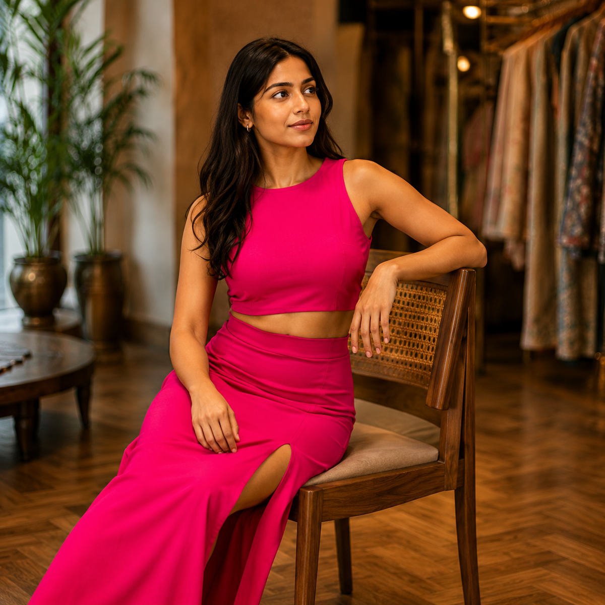 Woman wearing a burgundy Wardrobe dress